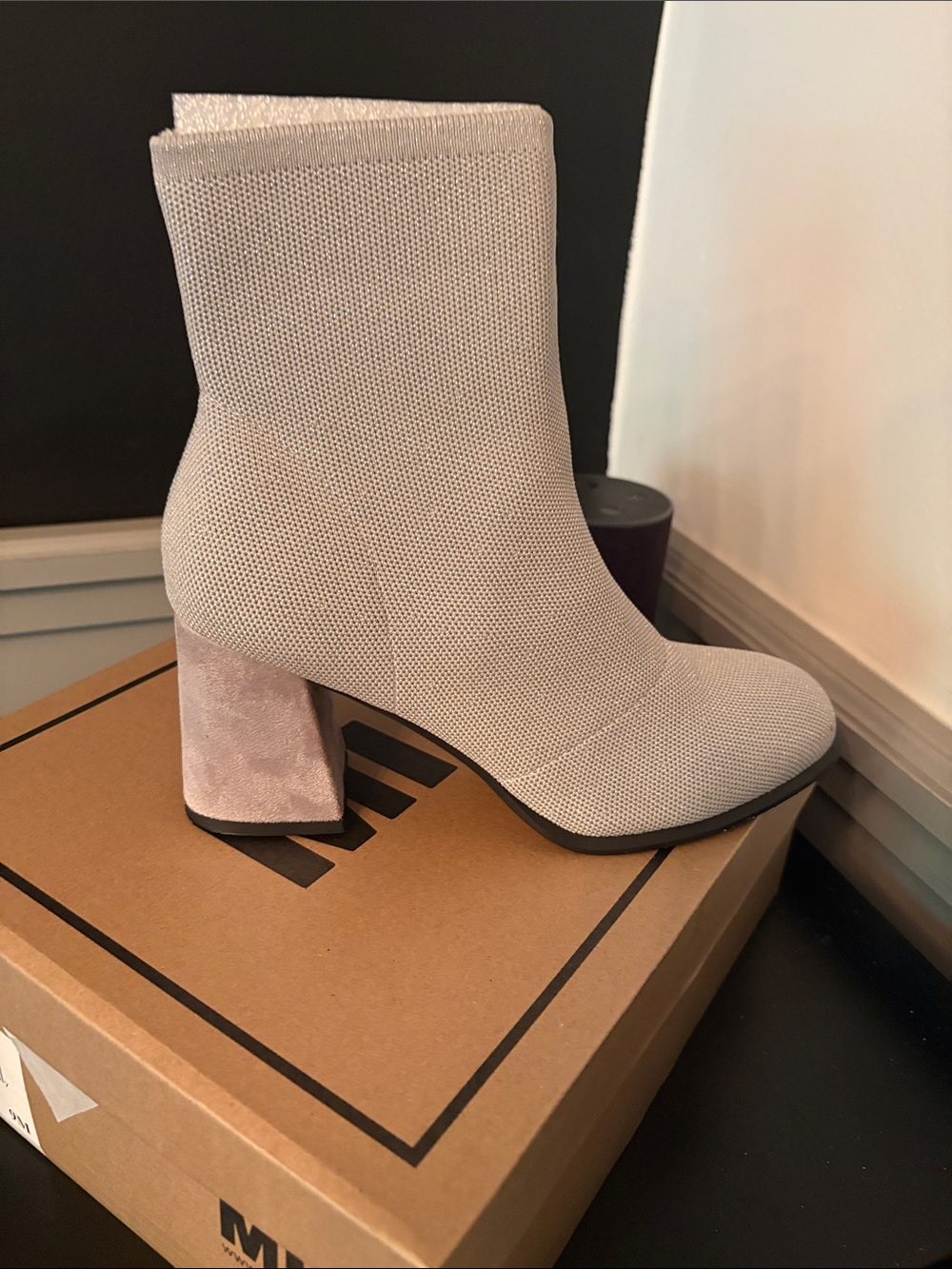 MIA Silver Stretch-Knit Ankle Boot with Suede Block Heel